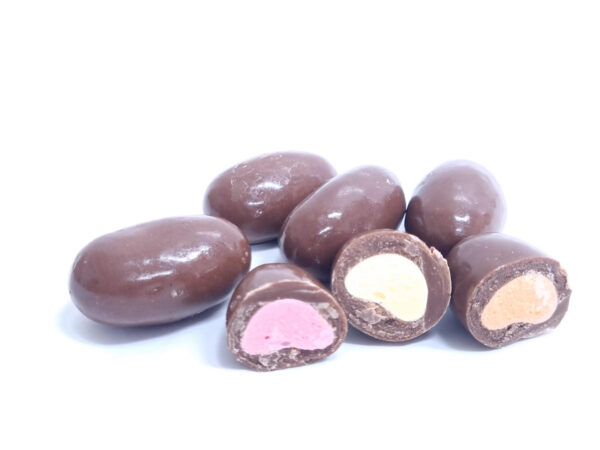 Smooth choc coated Clangers showing fruit centres.